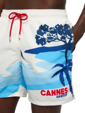 Mid-length Gustavia swim-shorts with Cannes postcard placed print