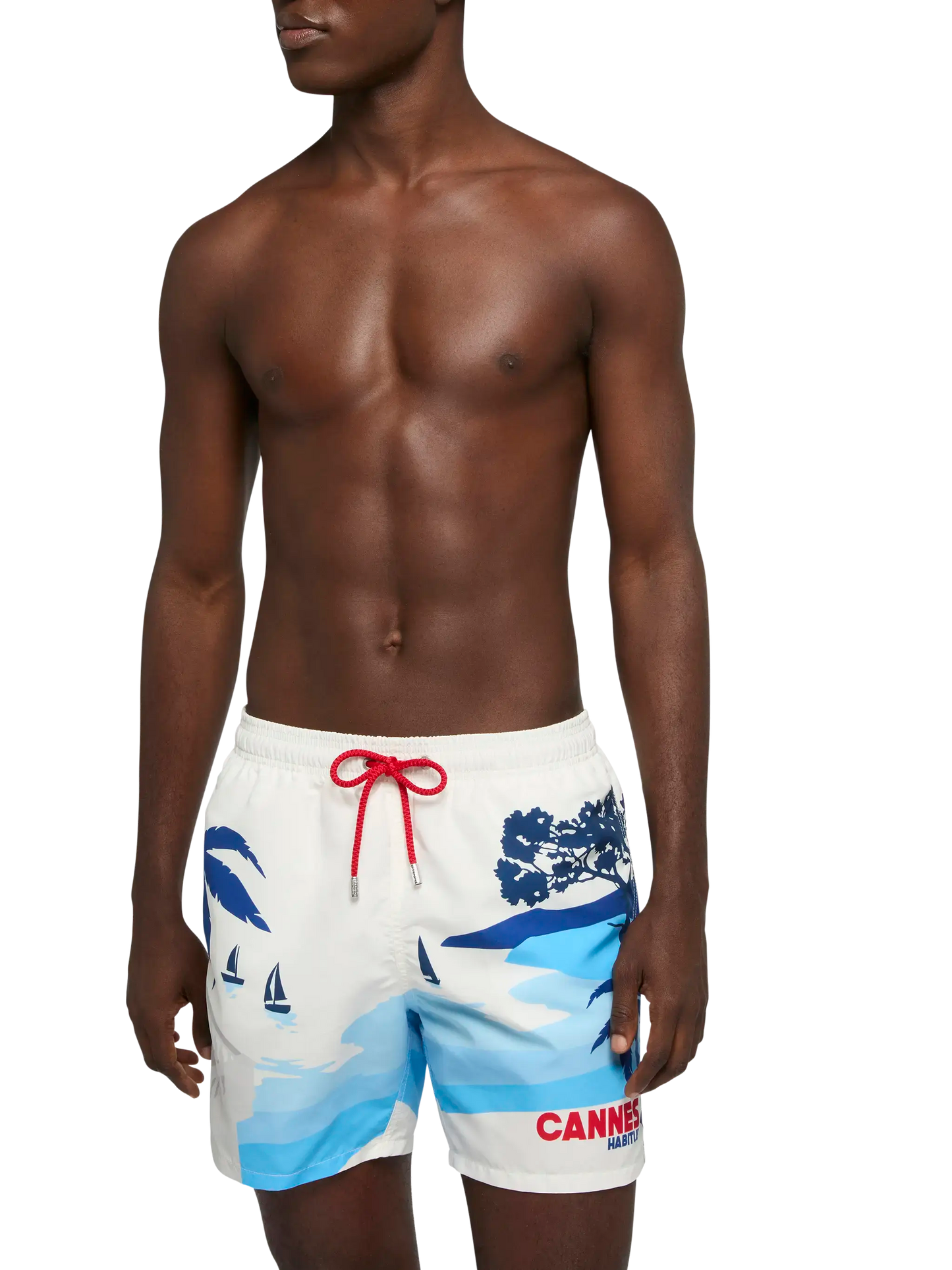 Mid-length Gustavia swim-shorts with Cannes postcard placed print