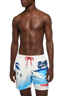 Mid-length Gustavia swim-shorts with Cannes postcard placed print