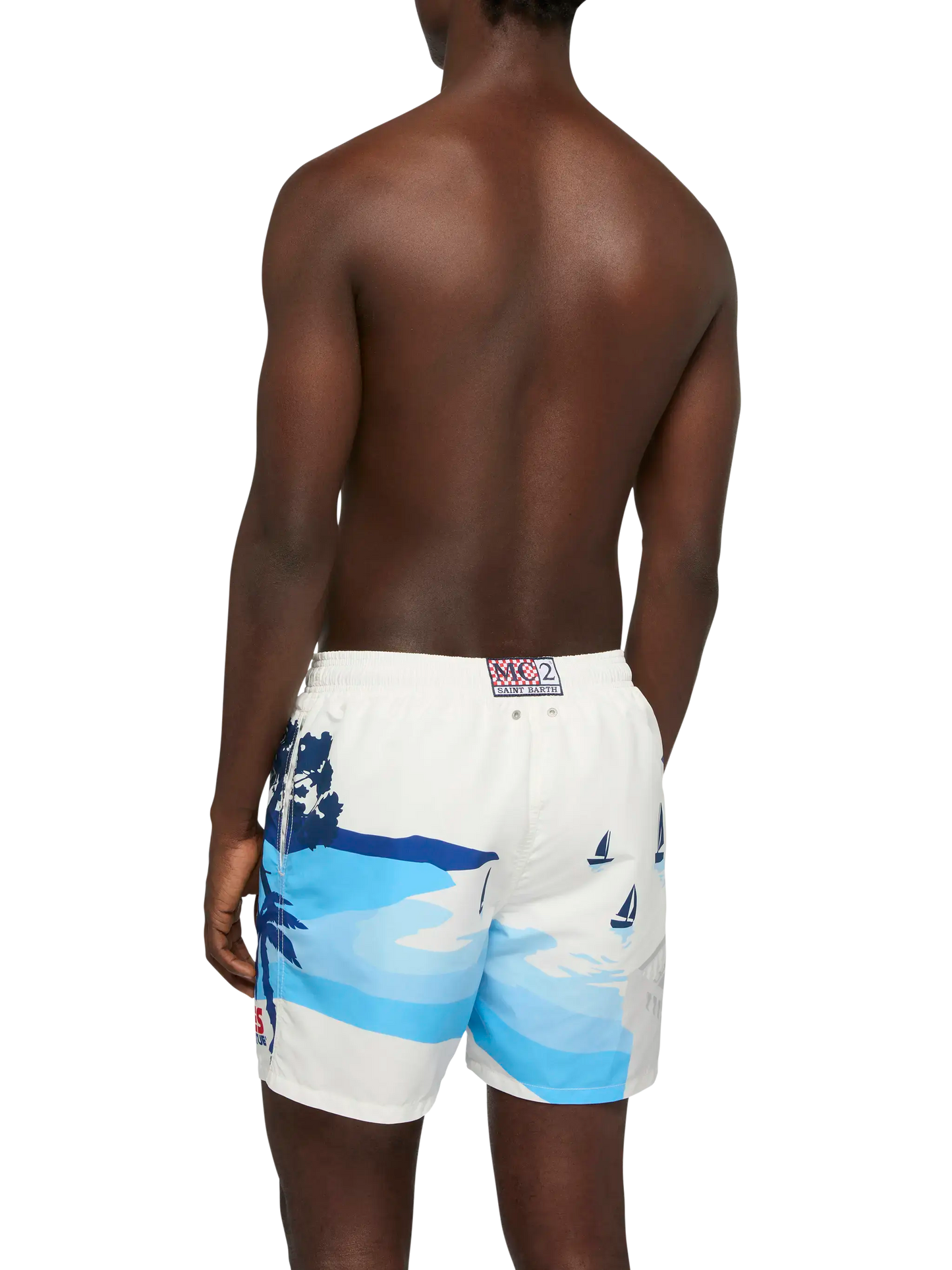 Mid-length Gustavia swim-shorts with Cannes postcard placed print