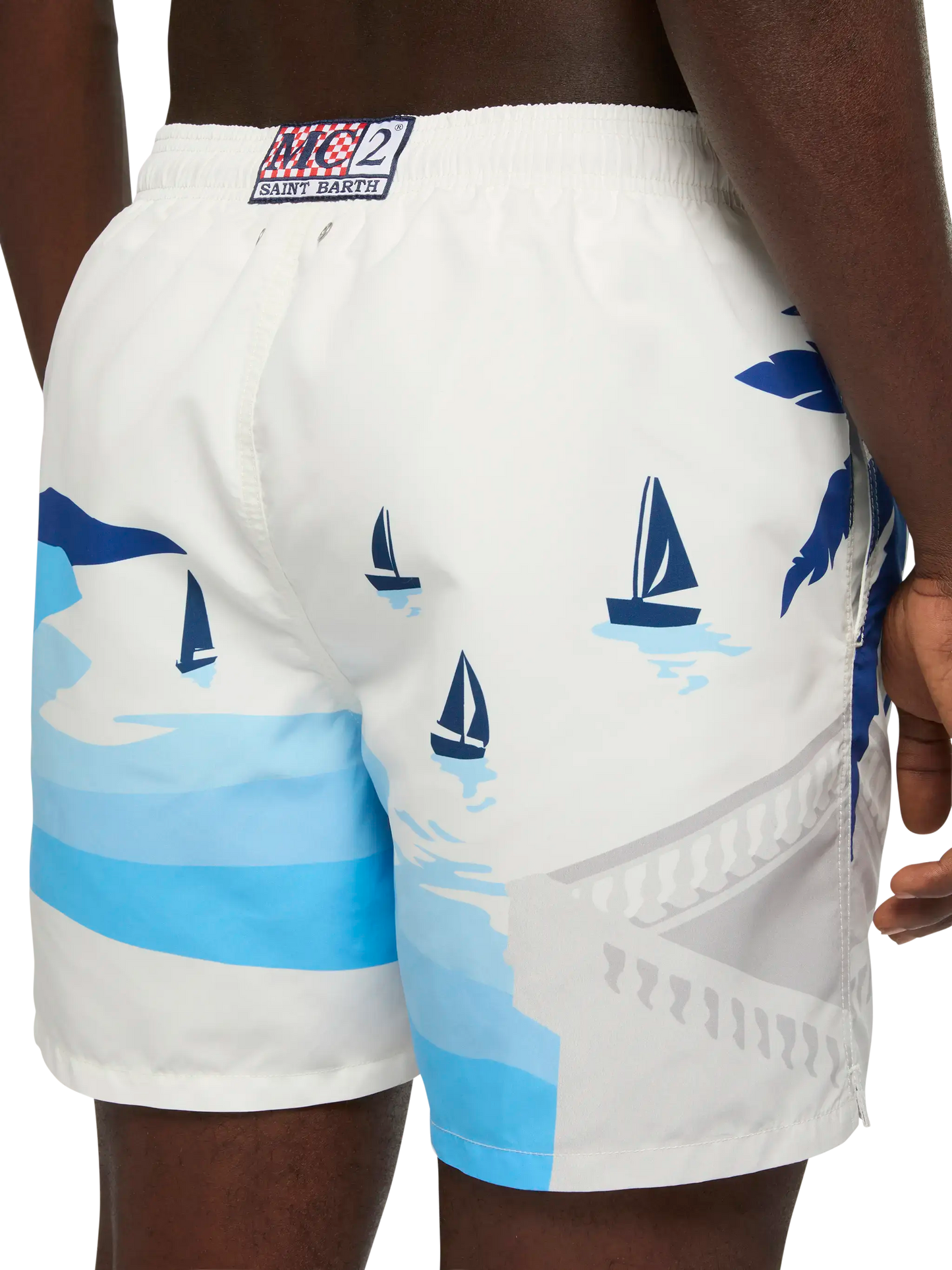 Mid-length Gustavia swim-shorts with Cannes postcard placed print