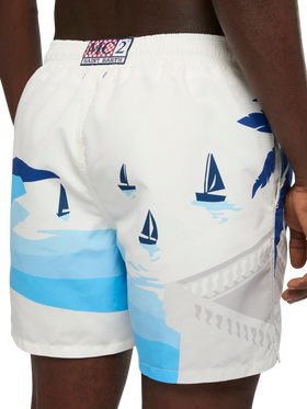 Mid-length Gustavia swim-shorts with Cannes postcard placed print