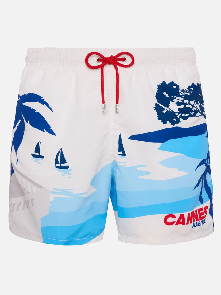 Costume mare lunghezza media Gustavia con stampa cartolina Cannes