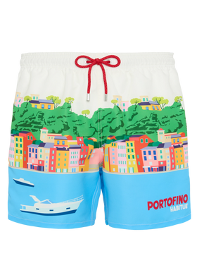 Mid-length Gustavia swim-shorts with Portofino postcard placed print - MC2 Saint Barth