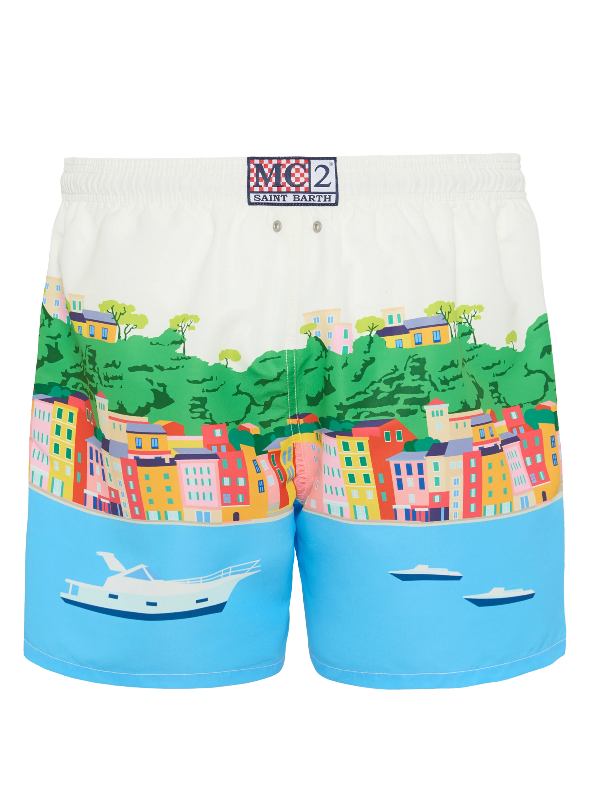 Mid-length Gustavia swim-shorts with Portofino postcard placed print - MC2 Saint Barth