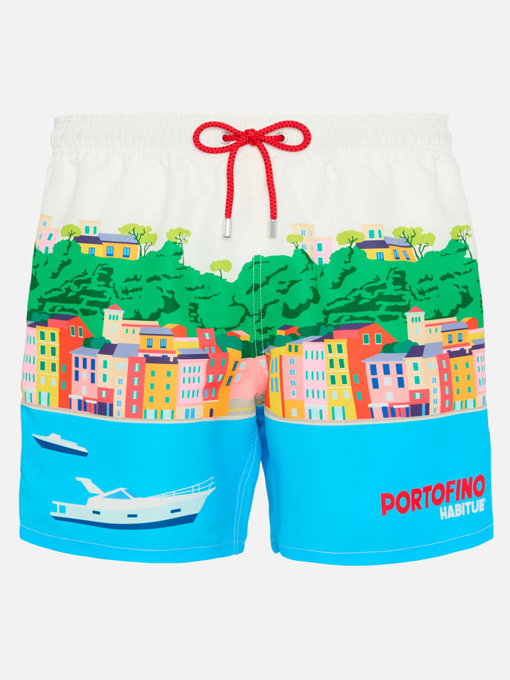 Costume mare lunghezza media Gustavia con stampa cartolina Portofino