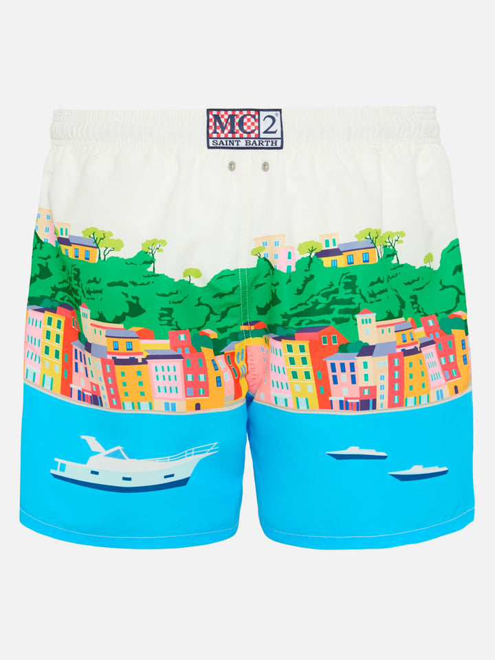 Costume mare lunghezza media Gustavia con stampa cartolina Portofino