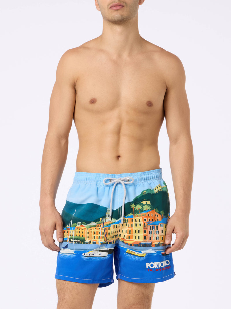 Man mid-length Gustavia swim-shorts with Portofino placed print