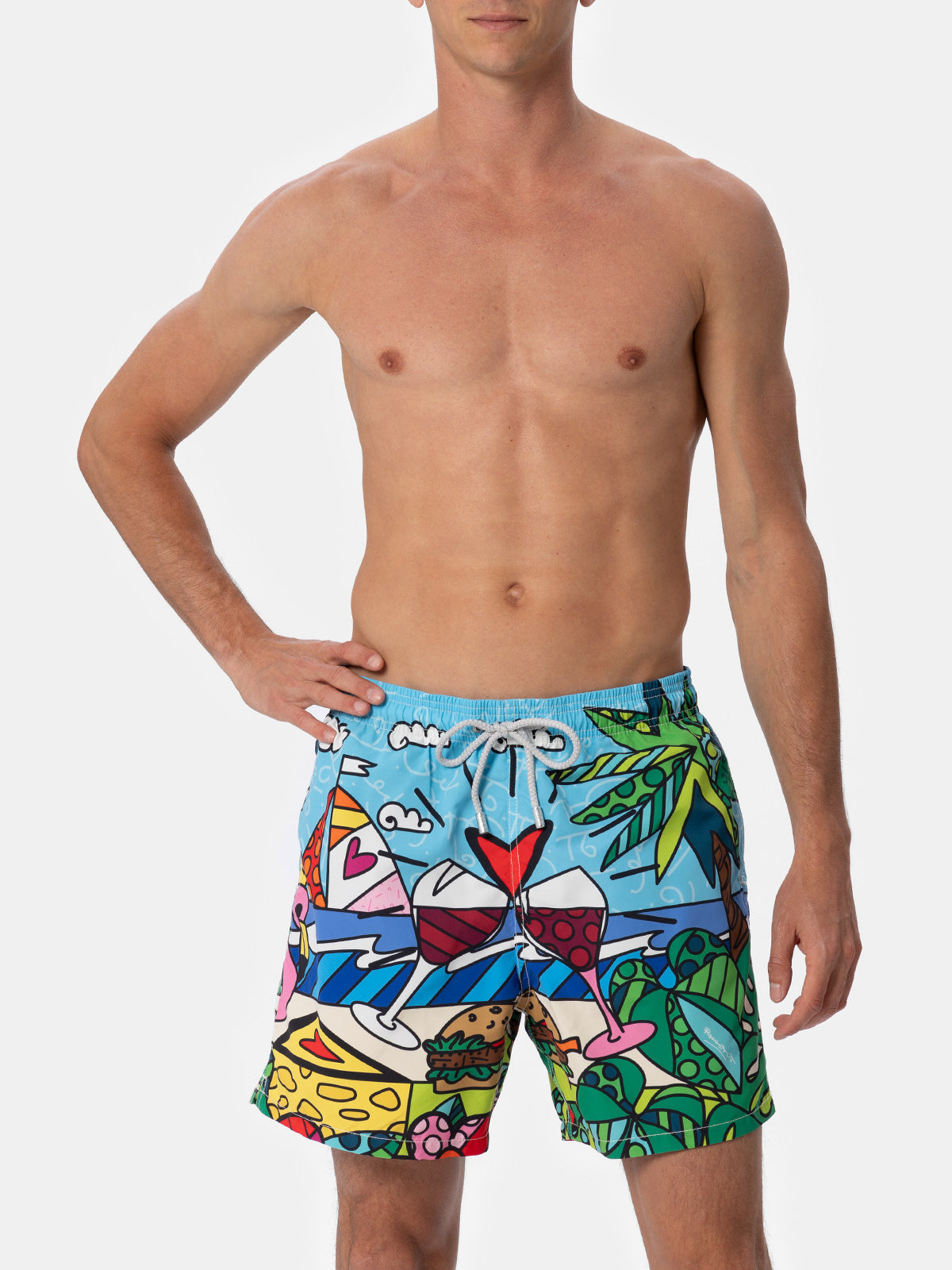 Man mid-length Gustavia swim-shorts with Britto design placed print  | ©BRITTO SPECIAL EDITION