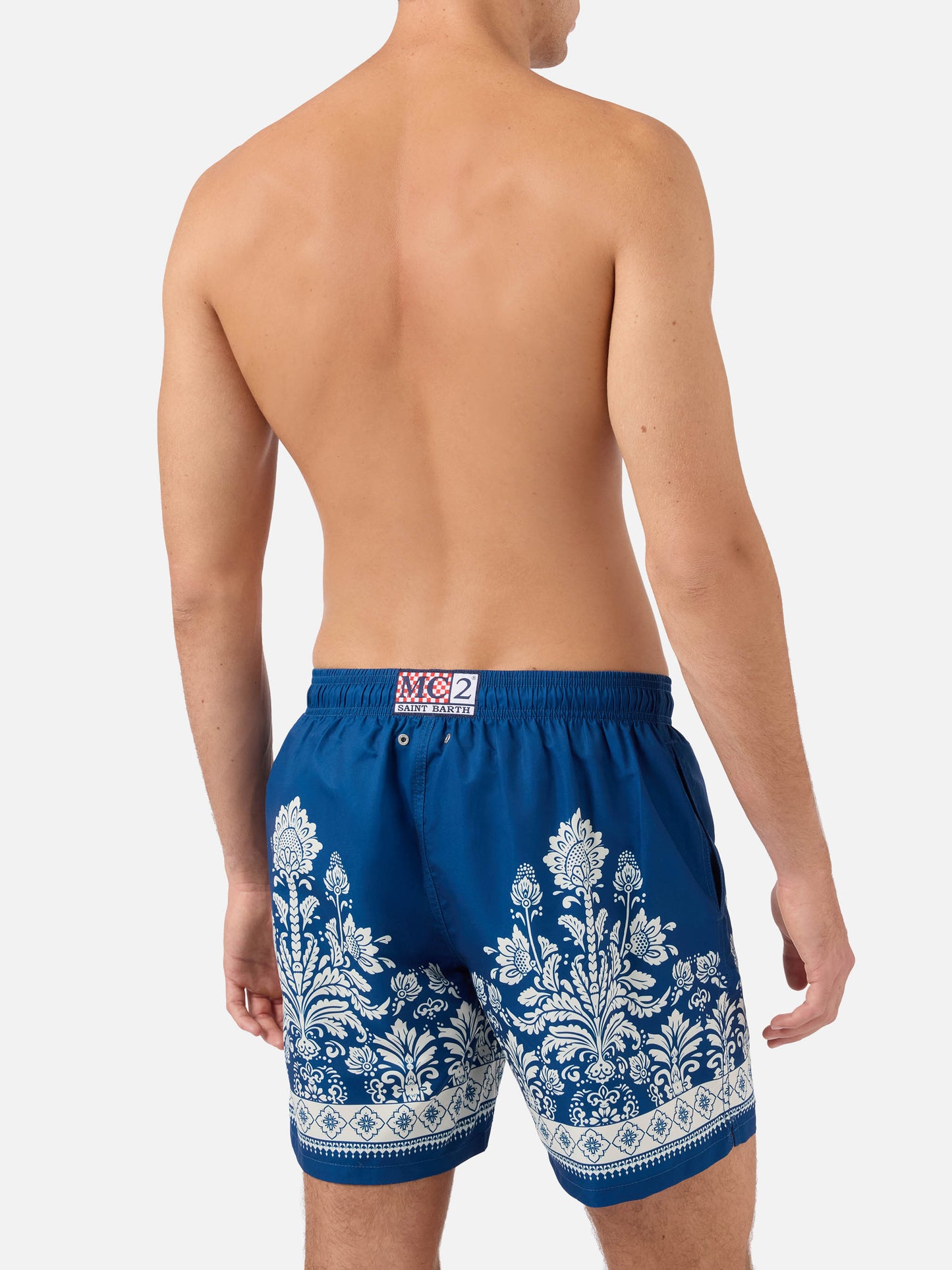 Blaue Badeshorts Gustavia mit ornamentalem Blumenprint 