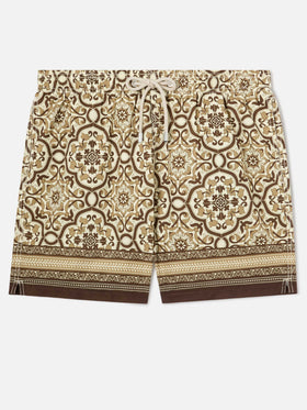 Gustavia swim shorts with brown ornamental placed print