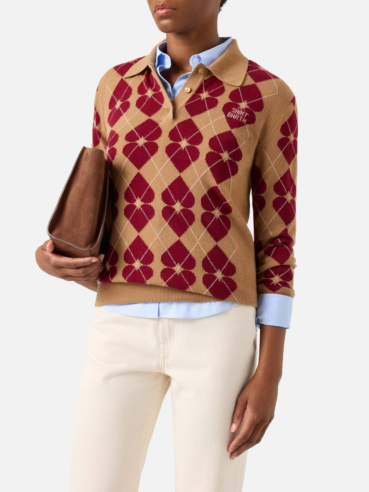 Hadidy wool and cashmere blend polo collar knit with argyle pattern and hearts