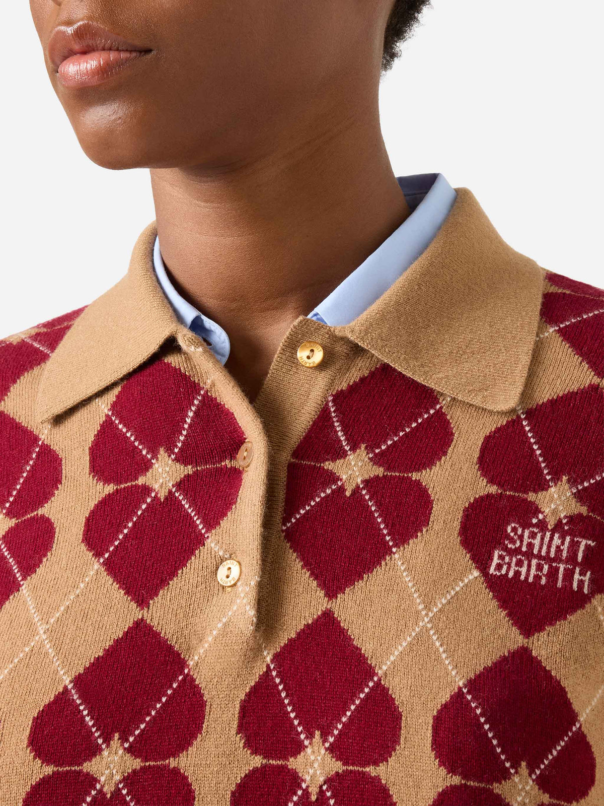 Hadidy wool and cashmere blend polo collar knit with argyle pattern and hearts