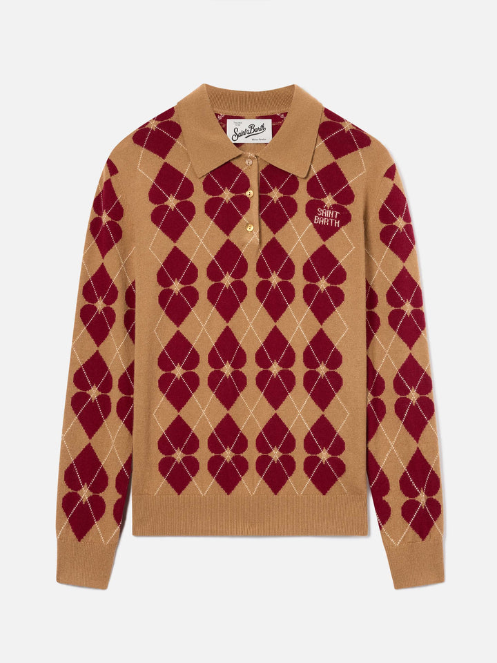 Hadidy wool and cashmere blend polo collar knit with argyle pattern and hearts