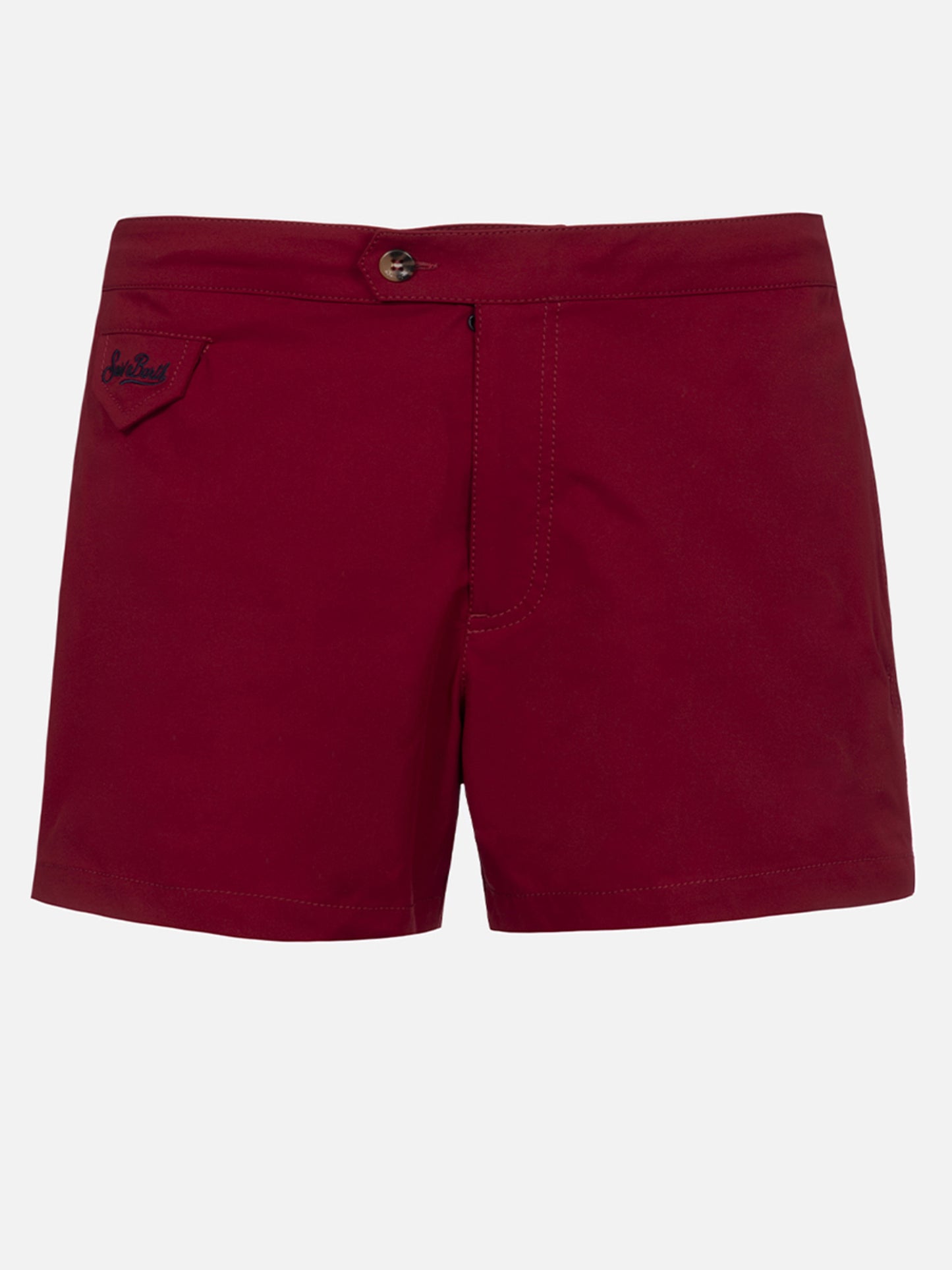 Man burgundy fitted cut swim shorts Harrys