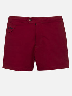 Man burgundy fitted cut swim shorts Harrys