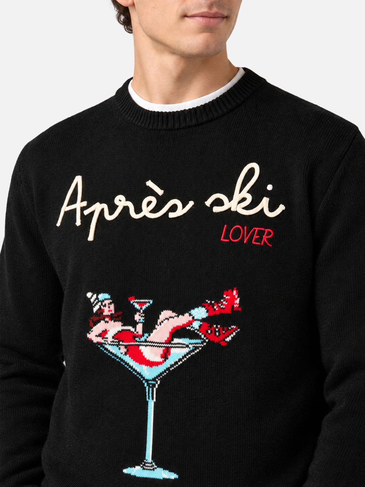 Girocollo nero Heron con ricamo Après ski e jacquard ragazza nel bicchiere