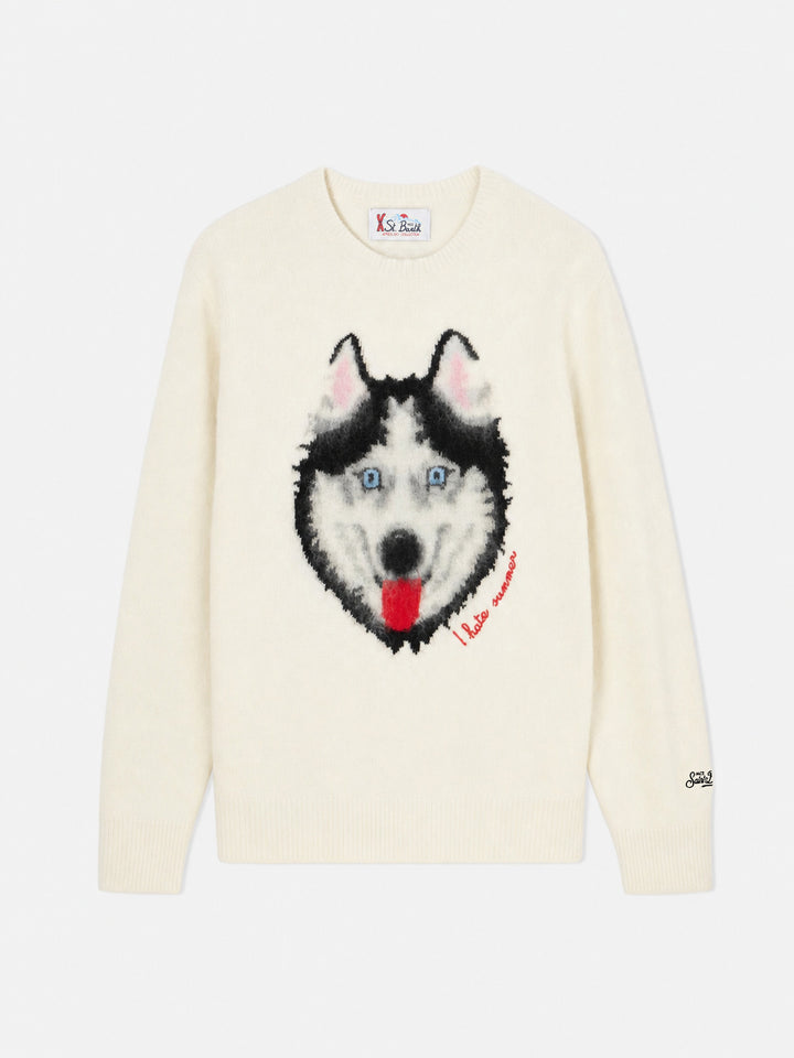 Grey Heron sweater with wolf jacquard and I hate summer embroidery