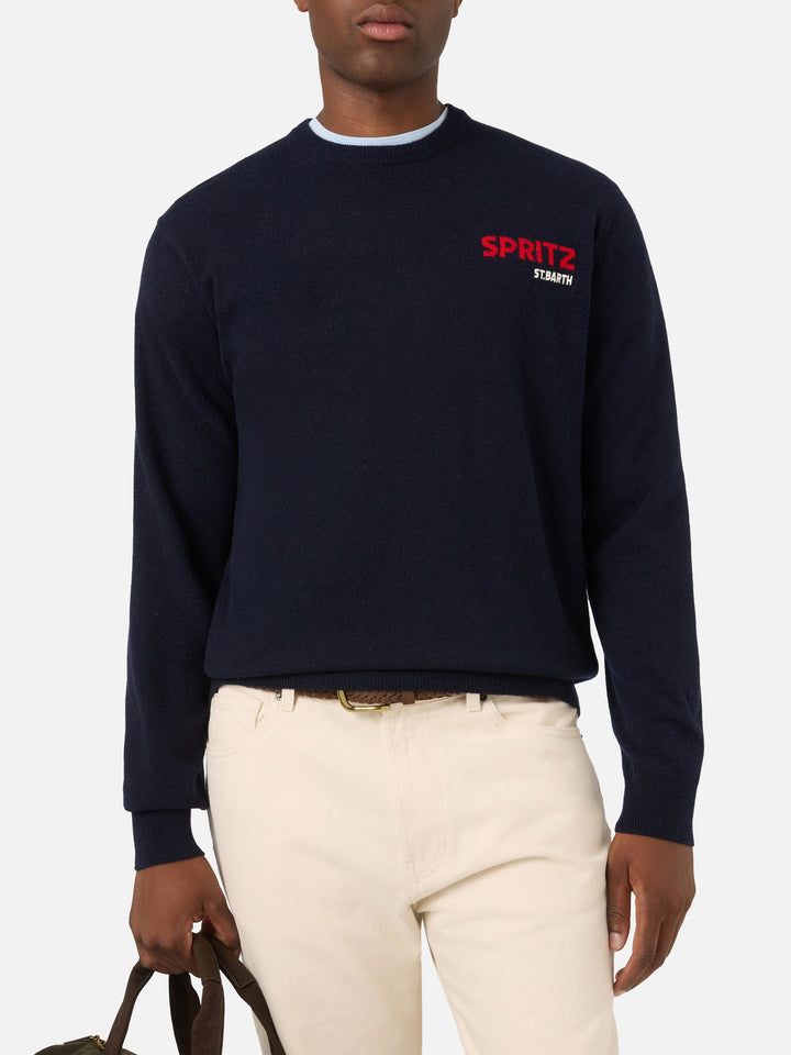 Navy blue Heron crewneck knit with back Spritz intarsia and embroidery