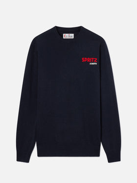 Navy blue Heron crewneck knit with back Spritz intarsia and embroidery