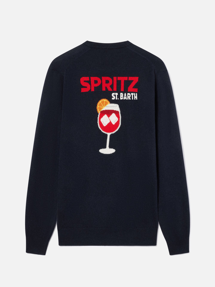 Maglia girocollo Heron blu navy con intarsio e ricamo Spritz sul retro