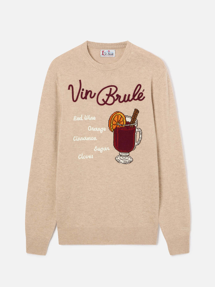Beiger Heron Rundhals-Strickpullover mit Vin Brulé Intarsie und Stickerei 