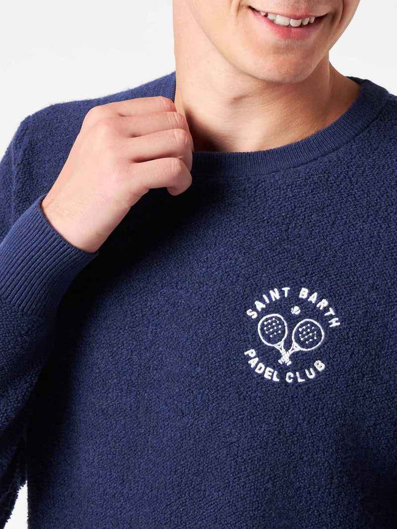 Man crewneck bluette bouclé sweater with Saint Barth Padel Club embroidery