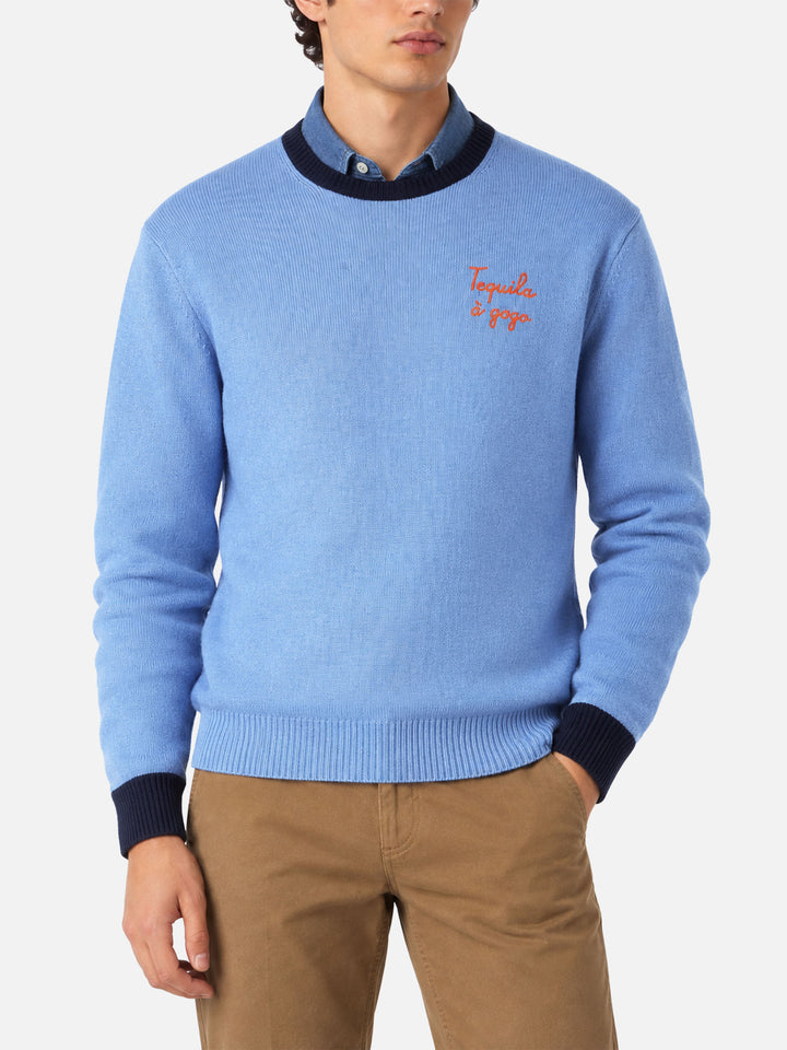 Dusty blue Heron sweater with Tequila à gogo embroidery