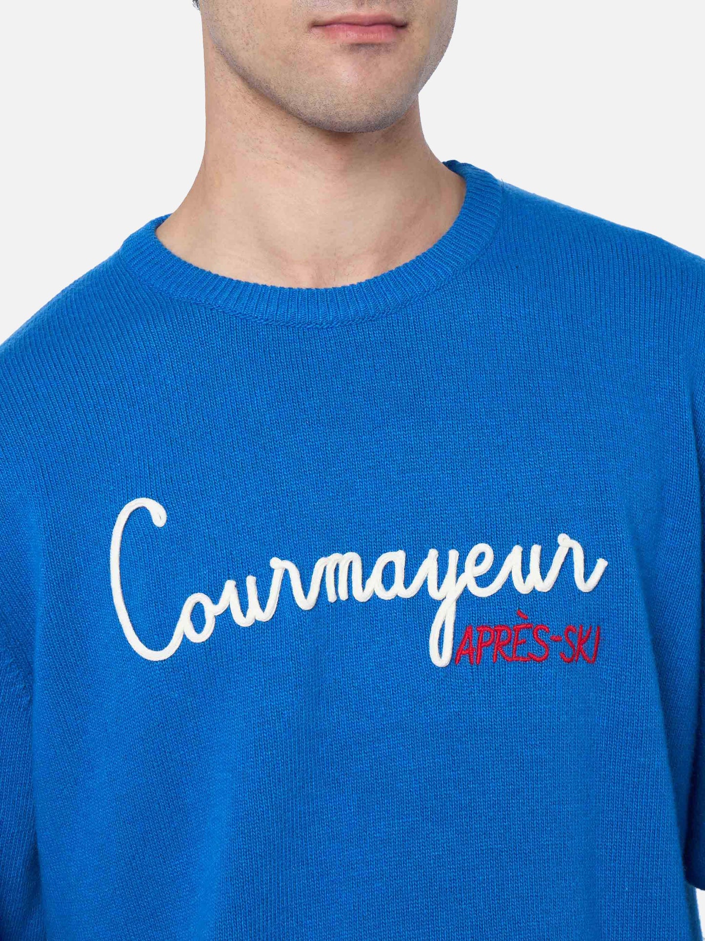 Man ski blue sweater Heron with Courma Apres ski embroidery