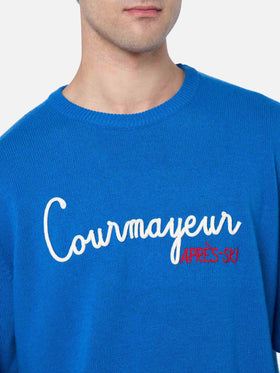 Man ski blue sweater Heron with Courma Apres ski embroidery