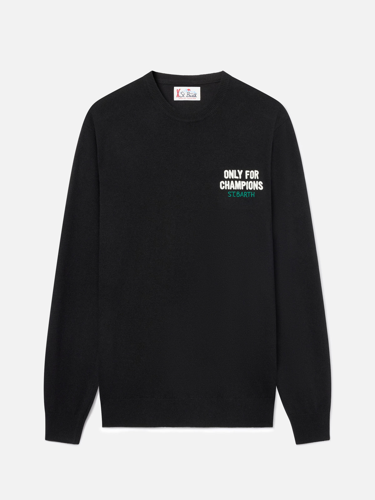 Black Heron crewneck knit with back Only For Champions intarsia and embroidery