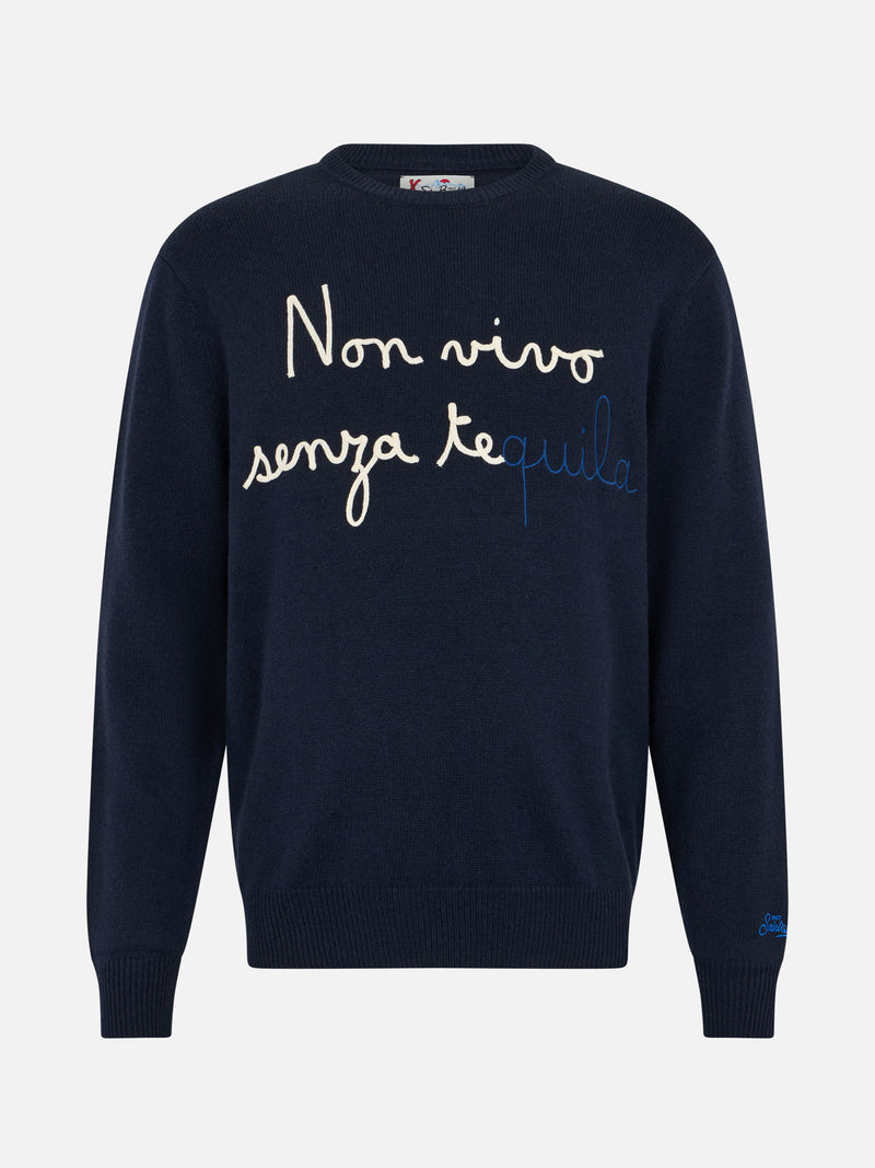 Blauer Herrenpullover Heron mit Stickerei „Non vivo senza tequila“