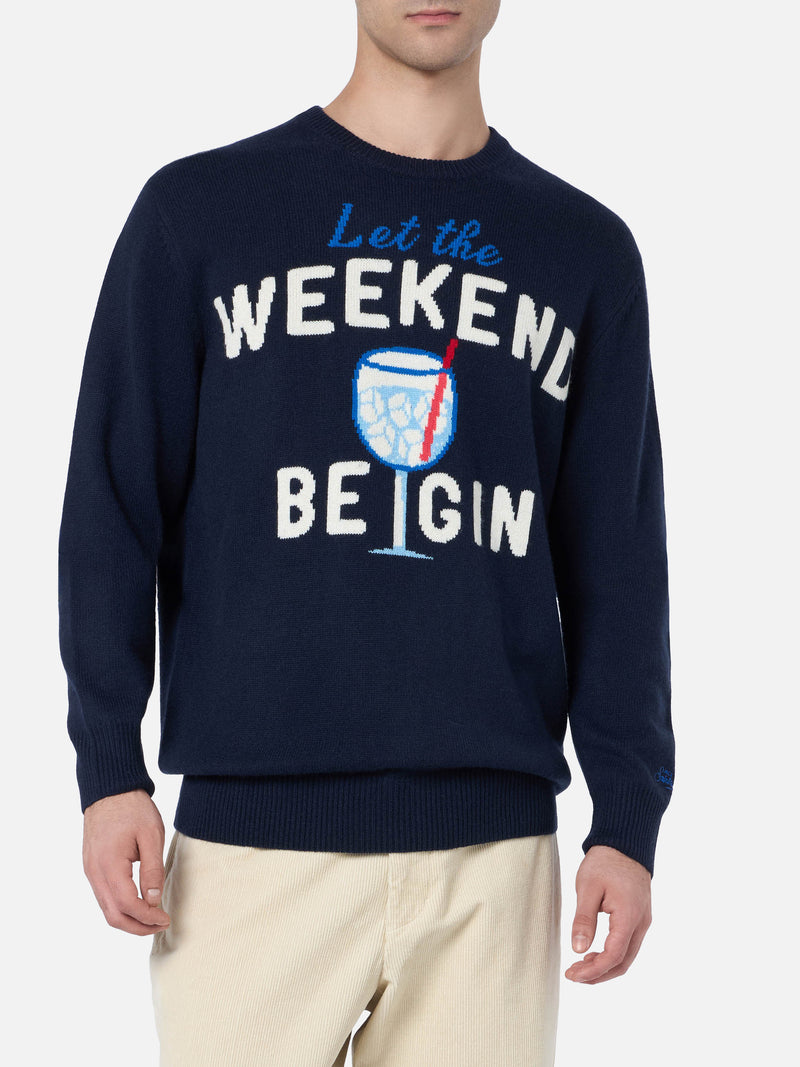 Maglione da uomo blu Heron con stampa Let the Weekend be gin