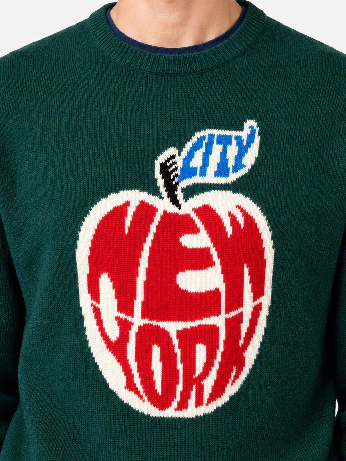 Dark green Heron sweater with New York apple jacquard