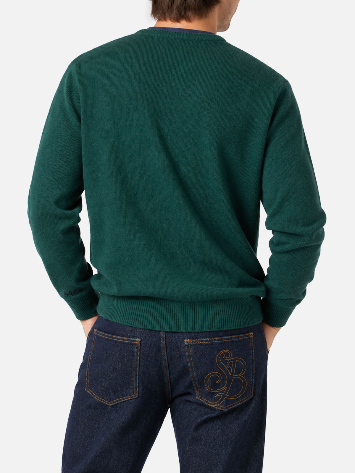 Dark green Heron sweater with New York apple jacquard