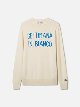 Man white sweater with Settimana in bianco embroidery