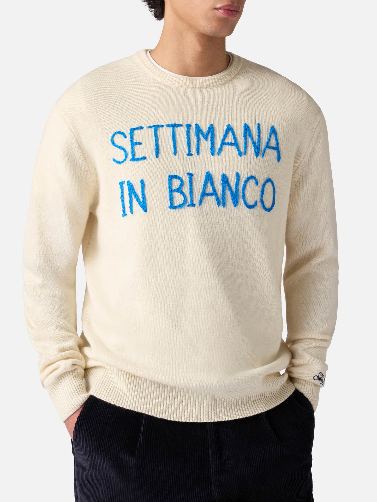 Man white sweater with Settimana in bianco embroidery