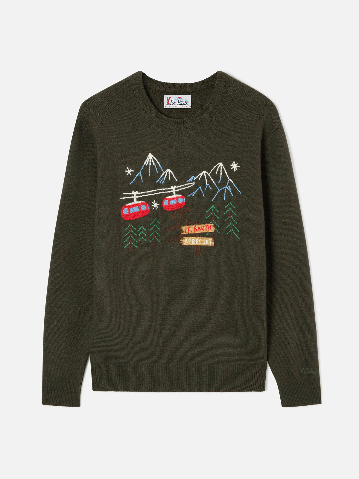 Maglia girocollo Heron verde militare con ricamo montagna