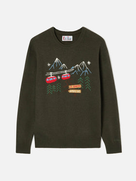 Maglia girocollo Heron verde militare con ricamo montagna
