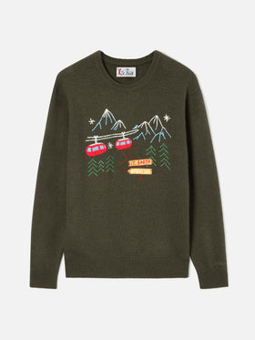 Jersey de punto con cuello redondo Heron verde militar con bordado de montaña 