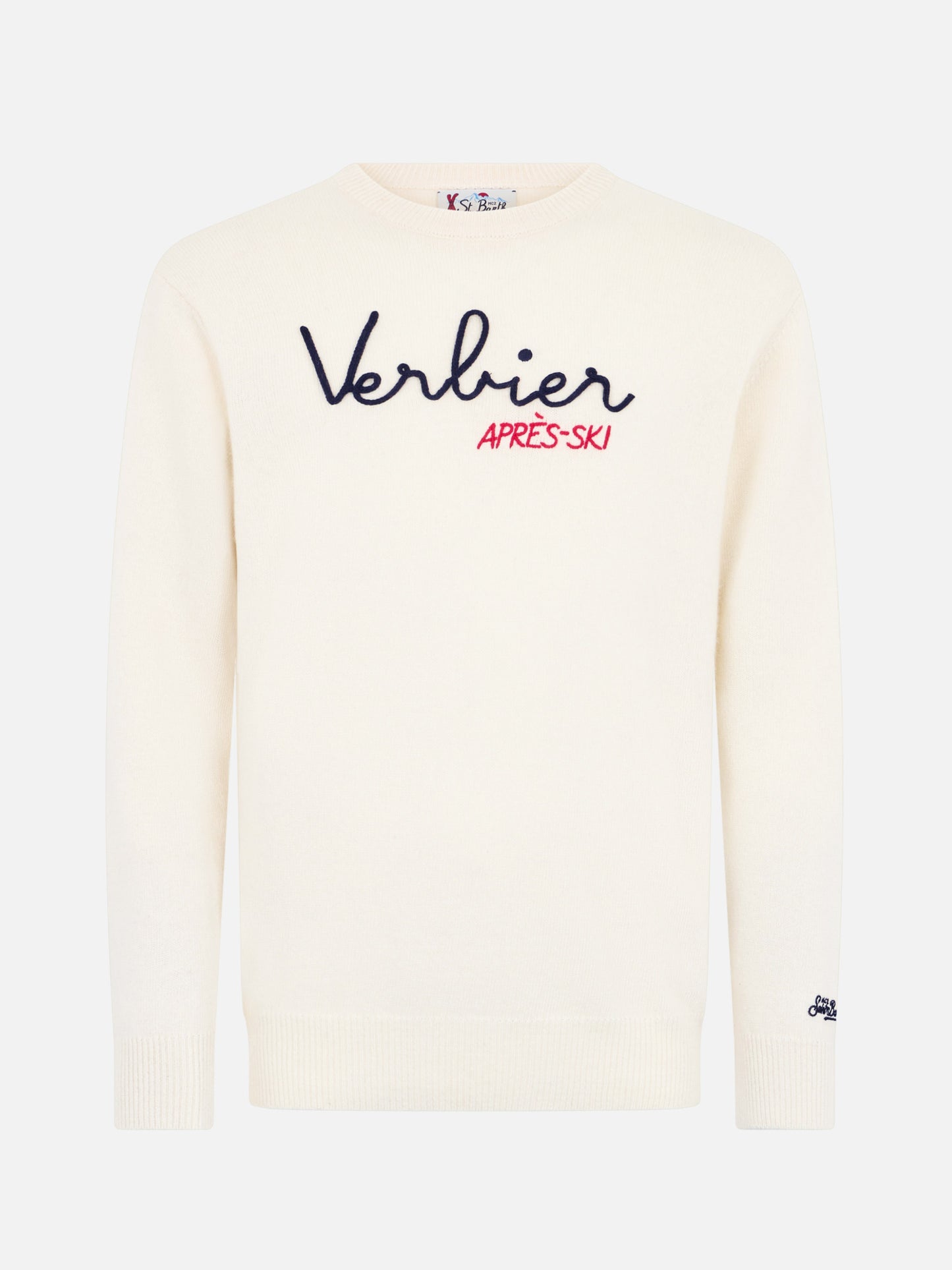 Man white sweater Heron with Verbier apres ski embroidery