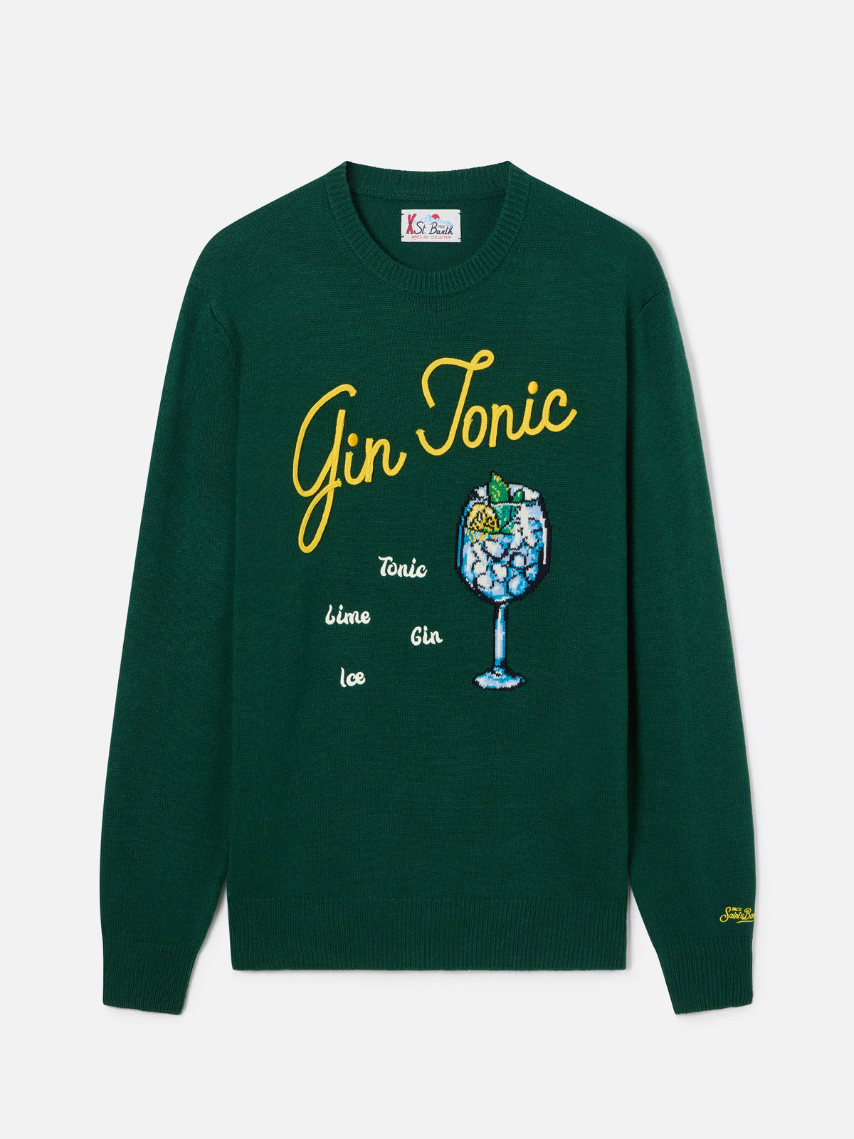 Pull col rond Green Heron en maille avec intarsia et broderie Gin Tonic 