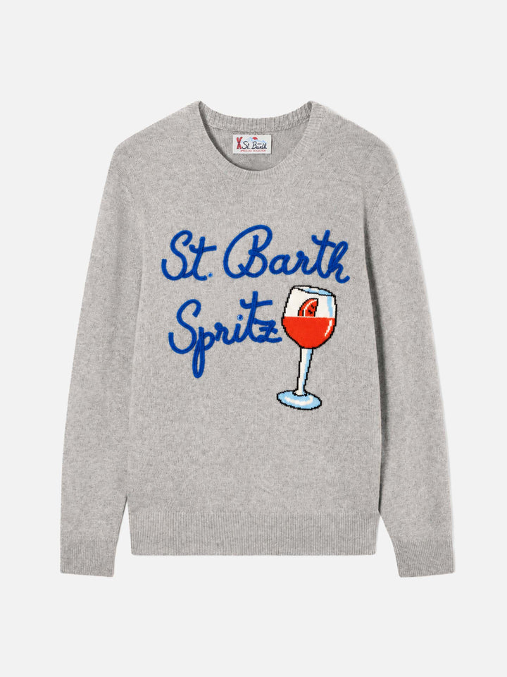 Light grey melange Heron crewneck sweater with St. Barth Spritz glass jacquard