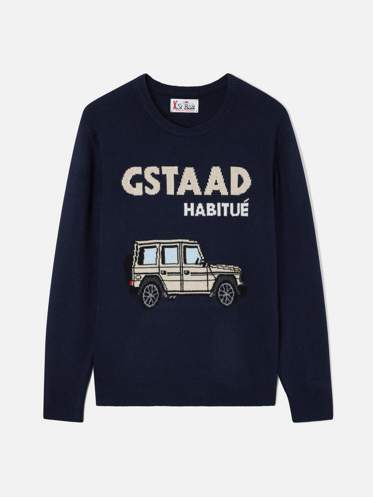 Marineblauer blue Heron Rundhals-Strickpullover mit Gstaad Habitué Intarsie 