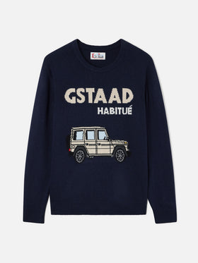 Marineblauer blue Heron Rundhals-Strickpullover mit Gstaad Habitué Intarsie 