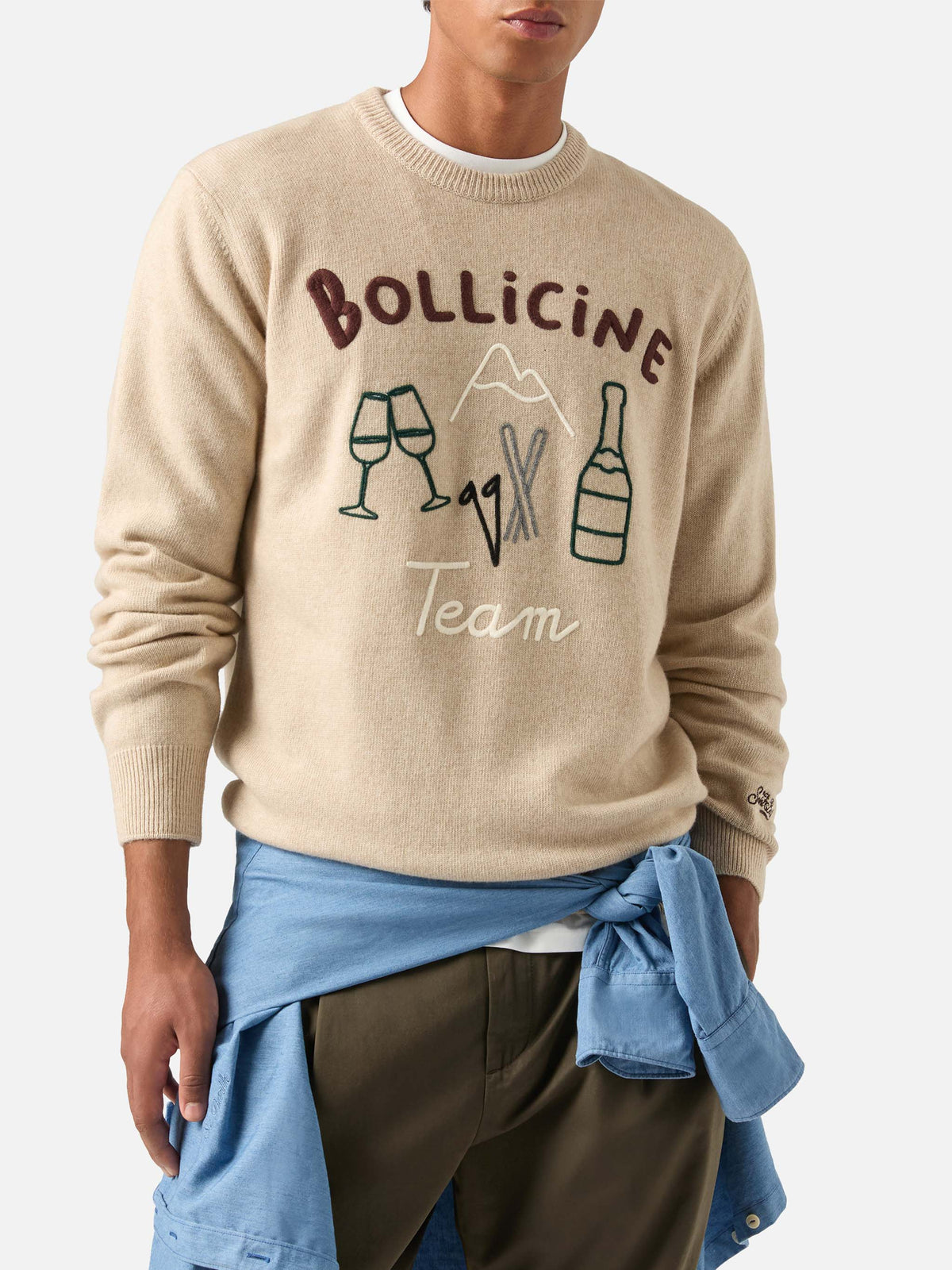 Beiger Rundhalspullover mit Heron-Motiv, Bollicine Team Intarsie und Stickerei 