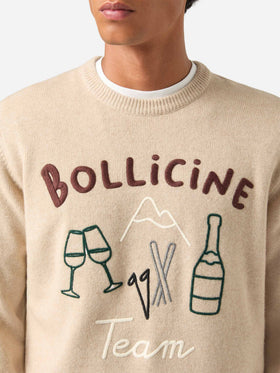 Beiger Rundhalspullover mit Heron-Motiv, Bollicine Team Intarsie und Stickerei 
