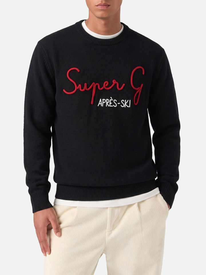 Pull col rond noir Heron avec broderie Super G | SUPER G SPECIAL EDITION 