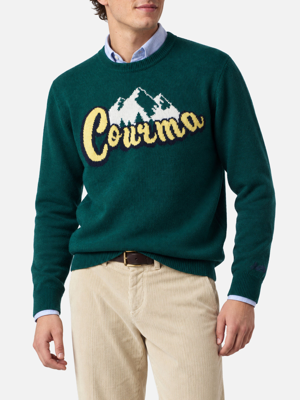 Grey Heron crewneck sweater with Courmayeur mountains jacquard