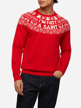 Red sweater Heron with fair isle jacquard and I'm not a Saint jacquard